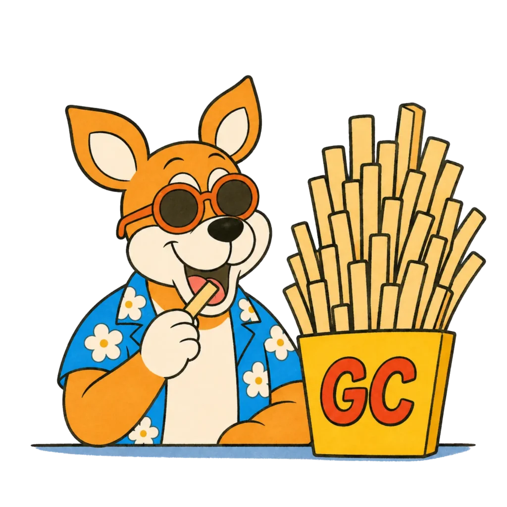 山盛りポテトを食べているカンガルーのキャラクター