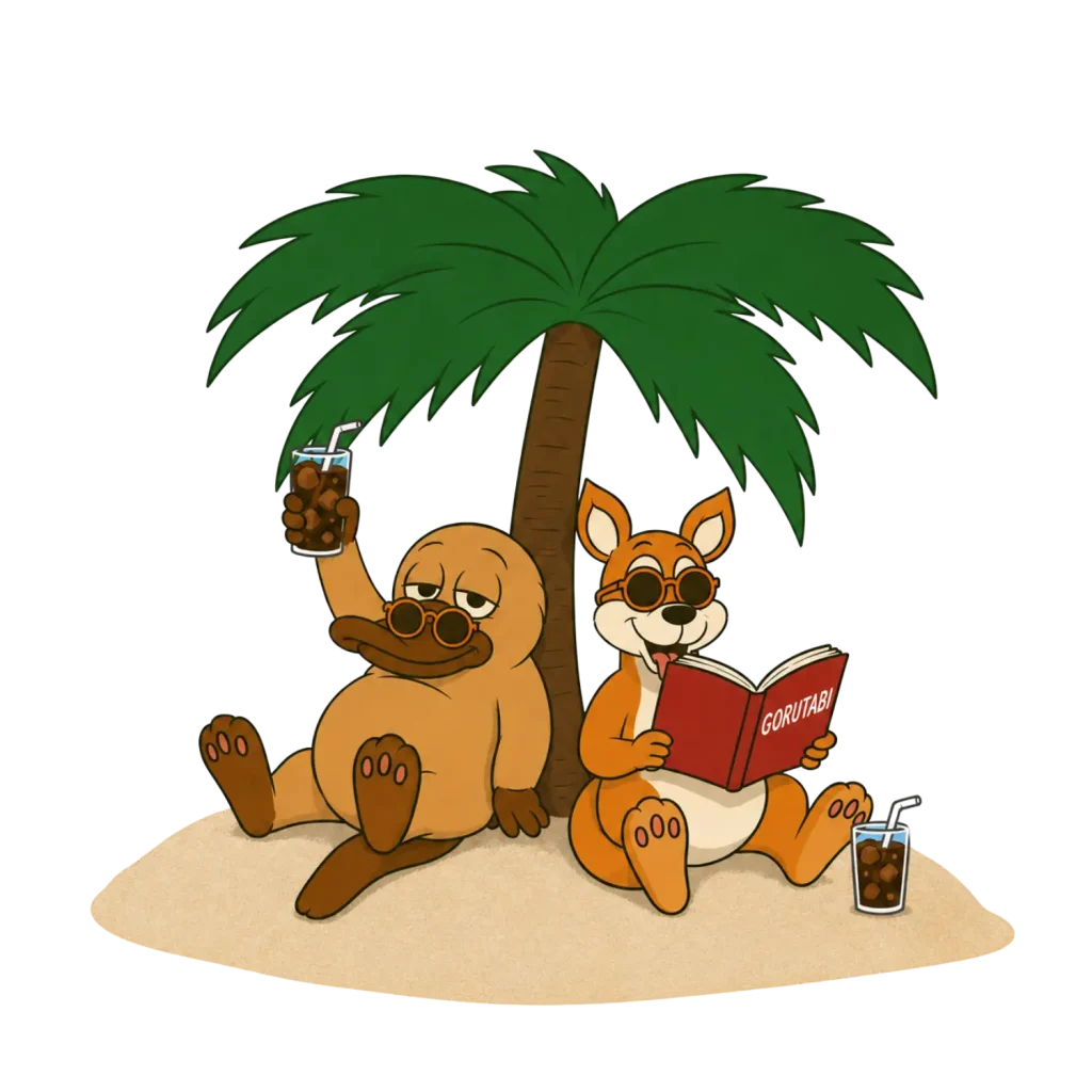 ヤシの木の下でくつろぐ動物のキャラクター