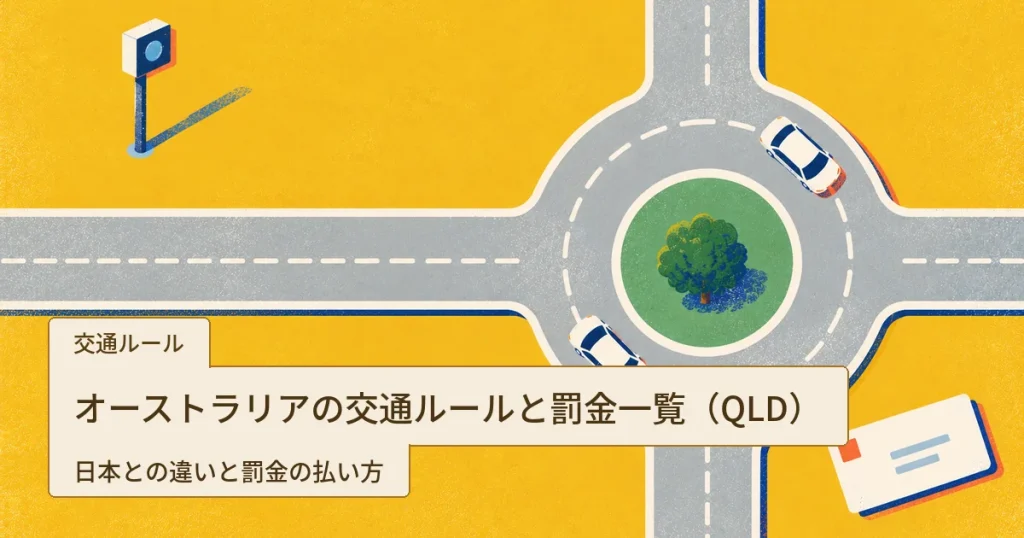 真上から見たラウンドアバウトを回る車と、スピードカメラ、罰金の通知の封筒が描かれたイラスト