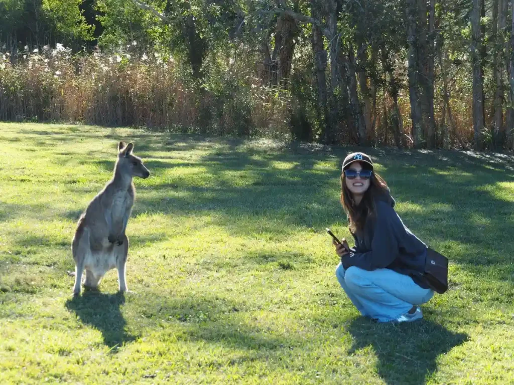 カンガルーと写真を撮っている様子