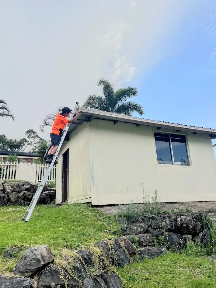 納屋の屋根と雨樋を清掃する様子