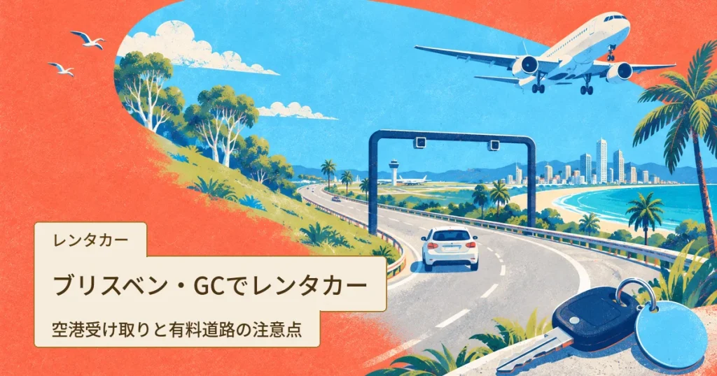 空港から海沿いの街へ延びる道路を走るレンタカーと、上空の飛行機、有料道路の柱が描かれたイラスト